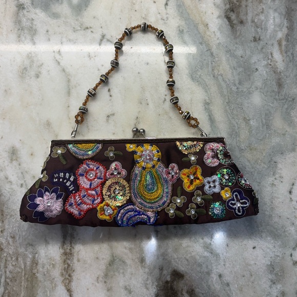 Vintage Handbags - Vintage Brown Satin Beautiful Beaded Floral Bag
